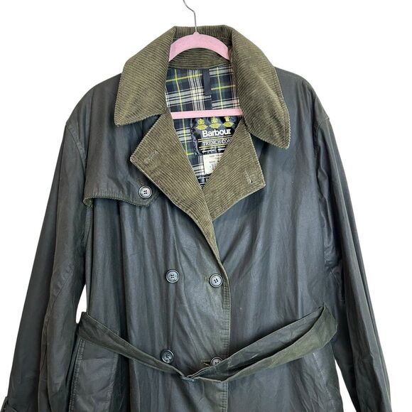 Barbour Vintage Double Breast Belted Long Trench Coat C44/112CM Waxed Cotton XL - Picture 2 of 10
